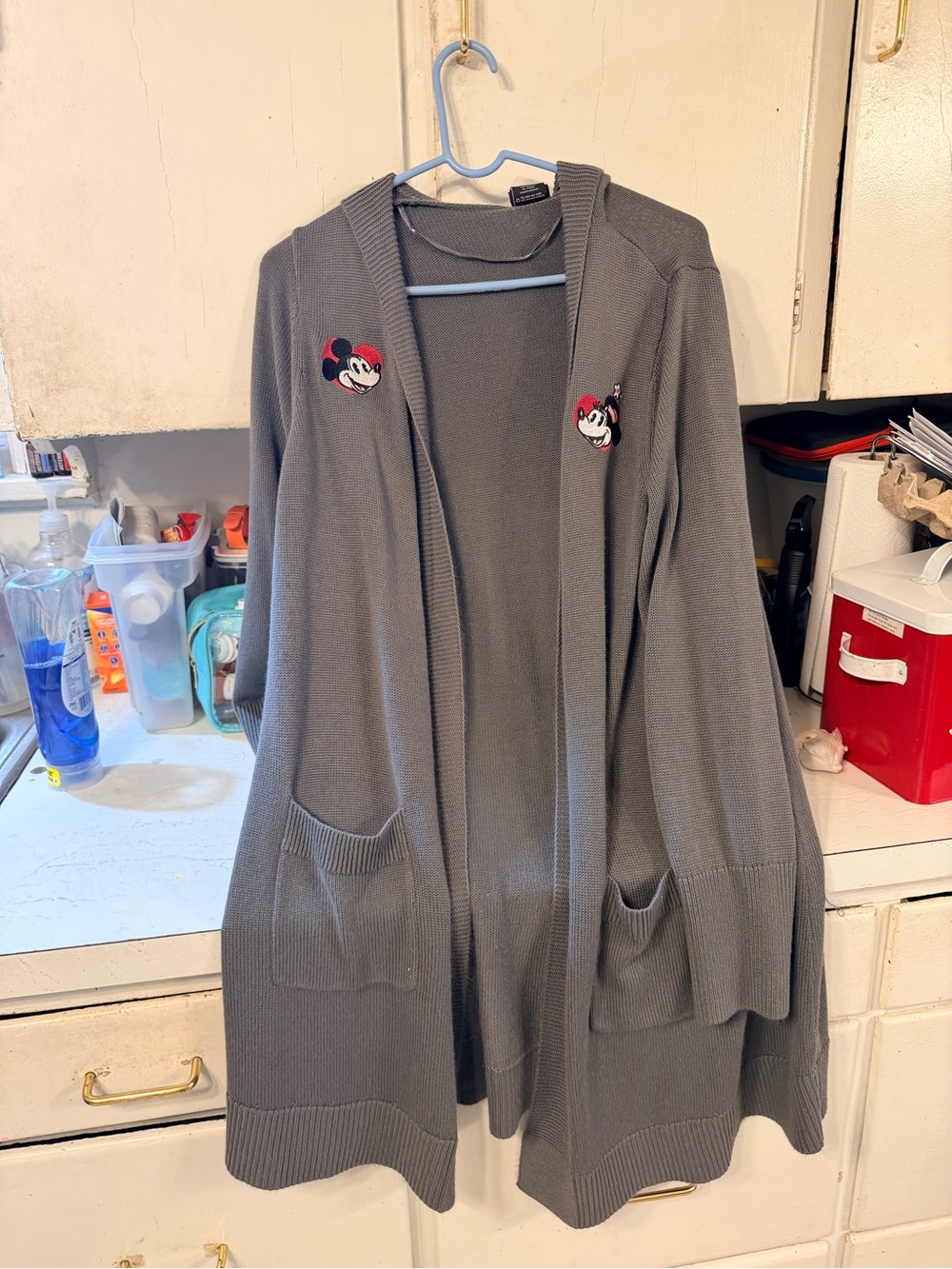Disney Gray Hooded Open-Front Cardigan with Mickey Patches